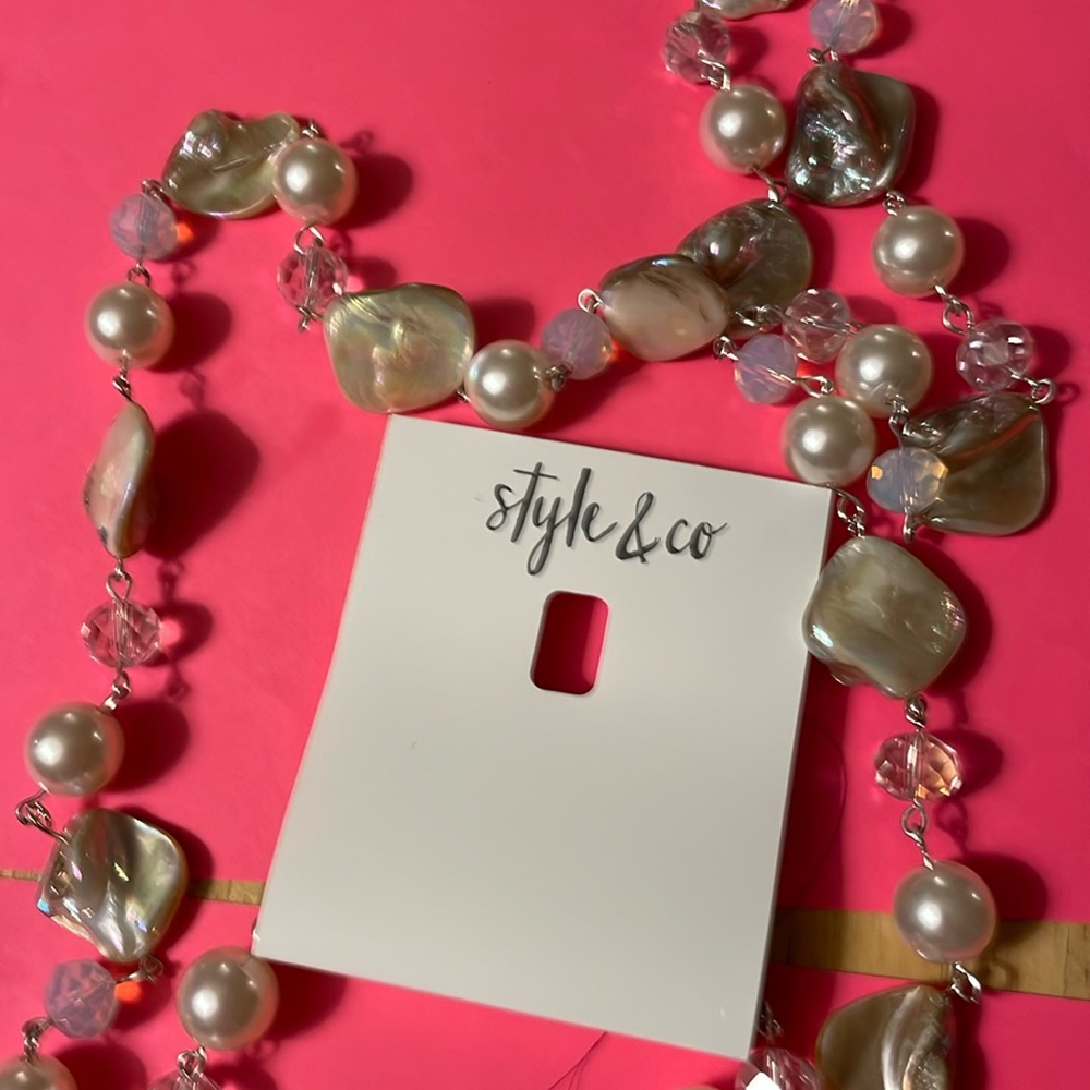 New long faux pearl necklace with genuine abalone shells.  Long length. 41 inch.